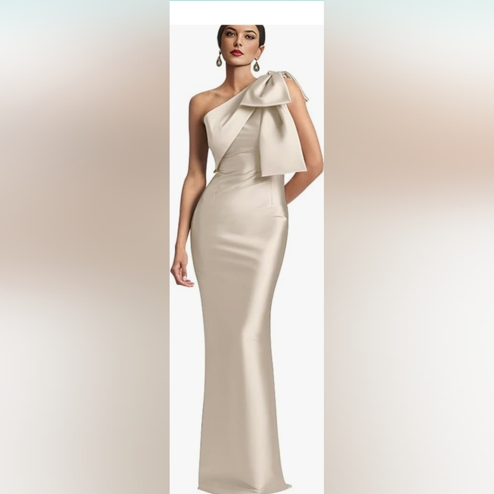 Womem's One Shoulder Prom Dresses with Bow Satin Mermaid Bridesmaid Dress